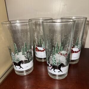 Vintage Winter Snow Red Log Cabin Sleigh Christmas Glasses Set Of 4
